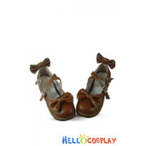 Brown PU Leather Ankle Strap Bow Wedge Lolita Shoes