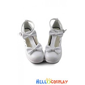 Sweet Lolita Shoes White Chunky Bows Lace Ankle Strap