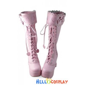 Princess Lolita Boots Pink Heart Ruffle Chunky Long Heart Shaped Shoelace