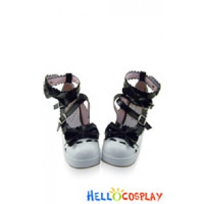 Black And White Bow Crisscross Ankle Straps PU Lolita Shoes
