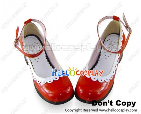 Red White Ruffle Ankle Strap Chunky Sweet Lolita Shoes