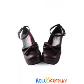 Punk Lolita Shoes Brown Chunky Ankle Strap Buckle Bow