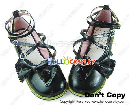 Matte Black Bow Low Heels Chunky Sweet Lolita Shoes