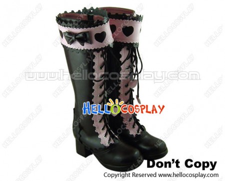 Brown Pink Heart Ruffle Chunky Princess Lolita Long Boots