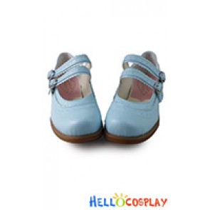 Sweet Lolita Shoes Blue Double Straps Low Chunky Fine Lace
