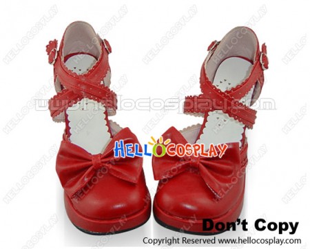 Wine Red Double Ankle Straps Ruffle Chunky Sweet Lolita Shoes
