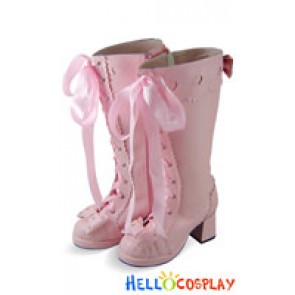 Pink Satin Lace Up Chunky Princess Lolita Boots