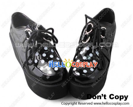 Punk Lolita Shoes Black Matte Mirror White Dots Platform Shoelace