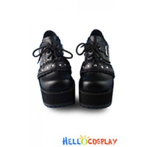 Punk Lolita Shoes Black White Grid Zipper Lace Rivet Square Buckle