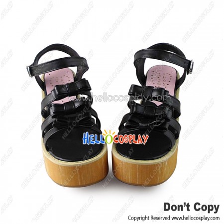 Punk Lolita Shoes Black Matt Zipper Wood Bottom Wedge Sandals