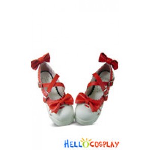 3 1/10'' Chunky Heel 1'' Platform PU Red Bow White Lolita Shoes
