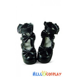 Matte Black Ruffle Bows Chunky Princess Lolita Shoes