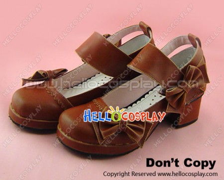 Light Brown Chunky Bow Princess Lolita Shoes With Ankle Strap