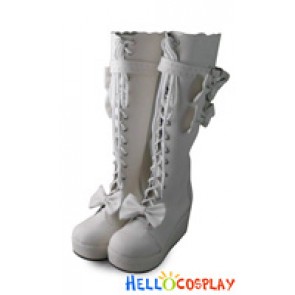 Lolita Boots White Matte Lace Up Bows Leg Strap Buckle Wedge