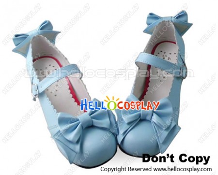 Princess Lolita Shoes Sweet Matte Blue Instep Strap Bows Lace Heart Shaped Buckle