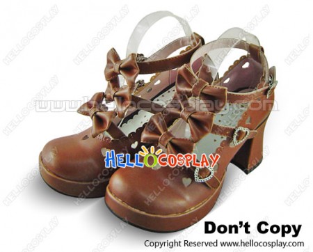 Light Brown Three Bows Straps Chunky Princess Lolita Shoes
