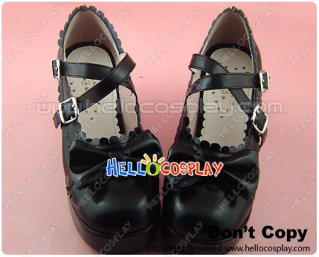 Black Bow Crossing Straps Chunky Princess Lolita Shoes