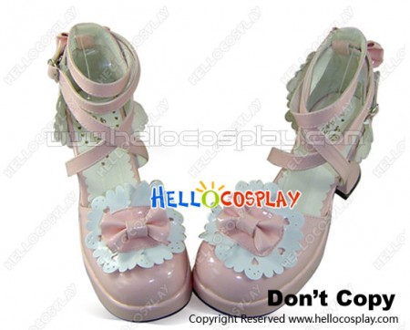Mirror Pink Ruffle Flower Bow Chunky Princess Lolita Shoes