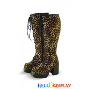 Leopard Lace Up Zipper Chunky Punk Lolita Long Boots