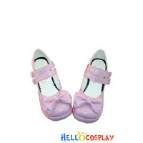 Pink Bow Ruffle Double Straps Chunky Princess Lolita Shoes