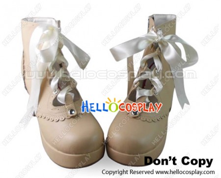 Princess Lolita Short Boots Chunky Matte Beige Satin Lace Ruffle Ribbons