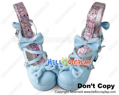 Princess Lolita Shoes Blue Matte Chunky Crossing Straps Ruffle Bows