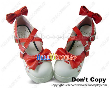 3 1/10'' Chunky Heel 1'' Platform PU Red Bow White Lolita Shoes