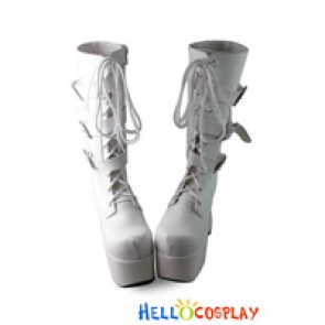Punk Lolita Boots White Chunky Matte Straps Lace Up Buckles