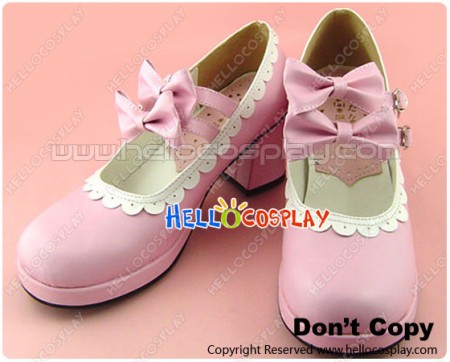 Pink White Bow Straps Ruffle Chunky Princess Lolita Shoes