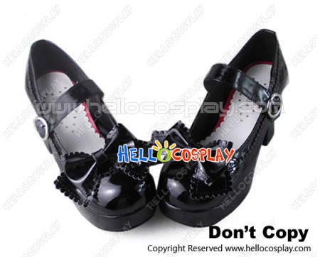 Sweet Lolita Maiden Shoes Chunky Black Mirror Single Wide Strap Lace Bow