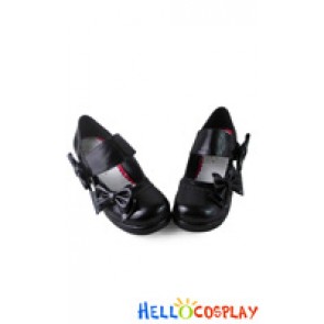 Princess Lolita Shoes Matte Black Wide Ankle Strap Lace Bow