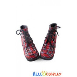 Punk Lolita Shoes Red Lattice Scotland Platform Shoelace