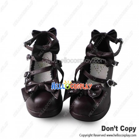 Lolita Shoes Brown Ankle Straps With Bows Heart Shaped Buckle