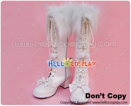 Matt White Bows Zipper Fur Chunky Princess Lolita Boots