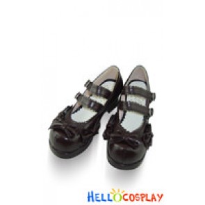 Brown Bows Double Ruffle Straps Chunky Princess Lolita Shoes