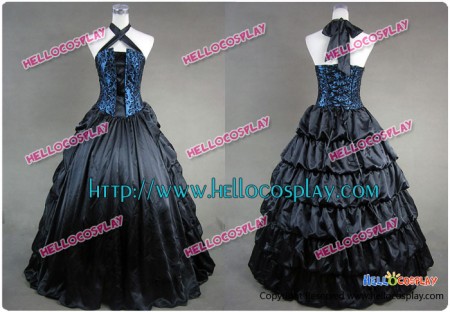 Victorian Gothic Satin Brocaded Frill Dress Gown Prom Cosplay