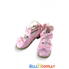 Matt Pink Ruffle Bows Straps Chunky Princess Lolita Shoes