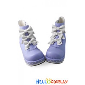 Princess Lolita Short Boots Purple White Three Bows Platform Sweet Lace