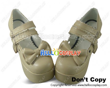 Beige Bow Ruffle Double Straps Chunky Princess Lolita Shoes