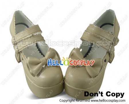 Beige Bow Ruffle Double Straps Chunky Princess Lolita Shoes