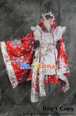 Lolita Cosplay Red Flowers Japan Kimono Maid Dress Costume