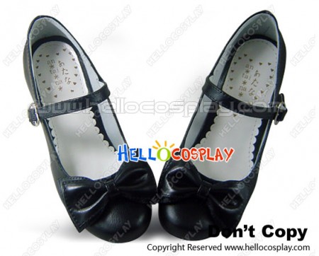 Matte Black Bow Contract Chunky Sweet Lolita Shoes