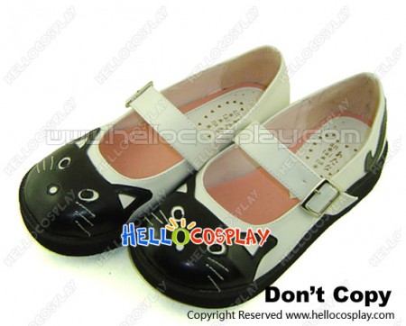 White Single Strap Black Cartoon Cat Blocking Lolita Shoes