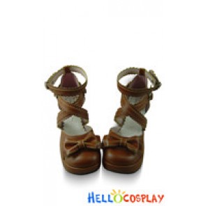 Light Brown Ruffle Crossing Strap Chunky Princess Lolita Shoes