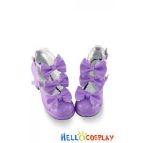 Mirror Purple Three Bows Ruffle Chunky Princess Lolita Shoes