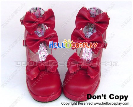 Wine Red Three Bows Ruffle Chunky Princess Lolita Shoes