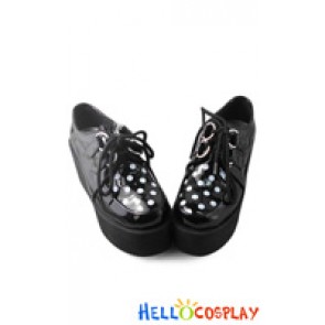 Punk Lolita Shoes Black Matte Mirror White Dots Platform Shoelace
