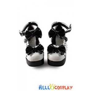 Princess Lolita Shoes Mirror Black White Lace Ankle Strap Heart Shaped Buckles Bows