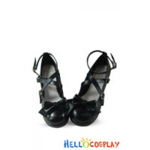 Black Ruffle Bow Straps Chunky Princess Lolita Shoes