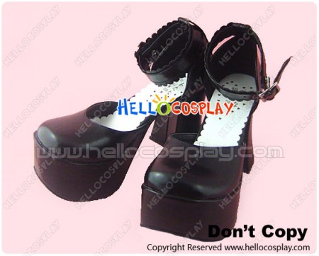 Matte Black Ruffle Ankle Strap Chunky Princess Lolita Shoes